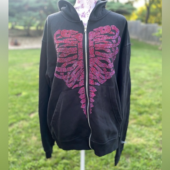 Cupids Curse Y2K style rhinestone rib cage full zip hooded jacket - Picture 10 of 11